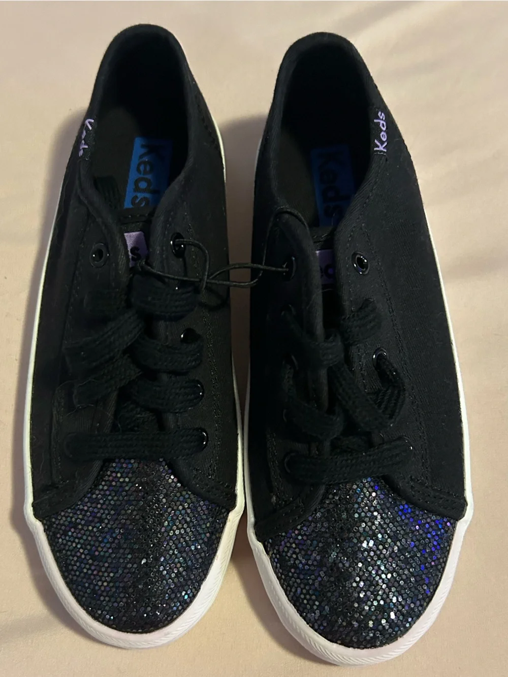 Keds Kids Black Sequin Toe Lace-Up Sneakers with Iridescent Sparkle